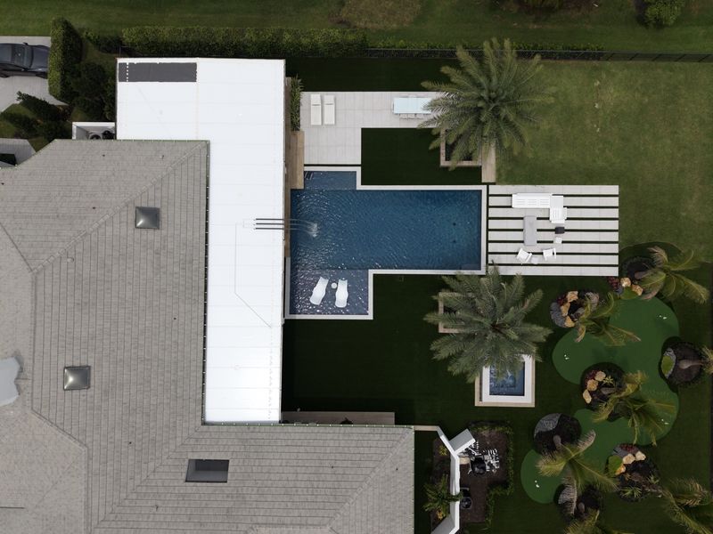 Aerial view of a finished backyard pool